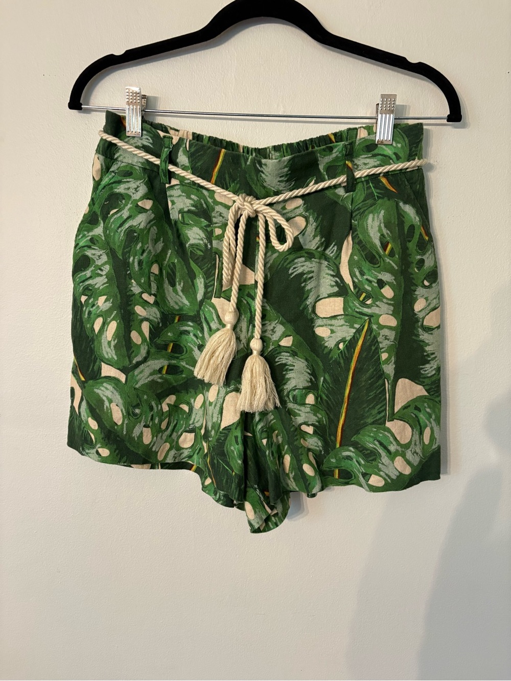 Joie Green Tropical Leaf High-Waist Shorts with Rope Belt